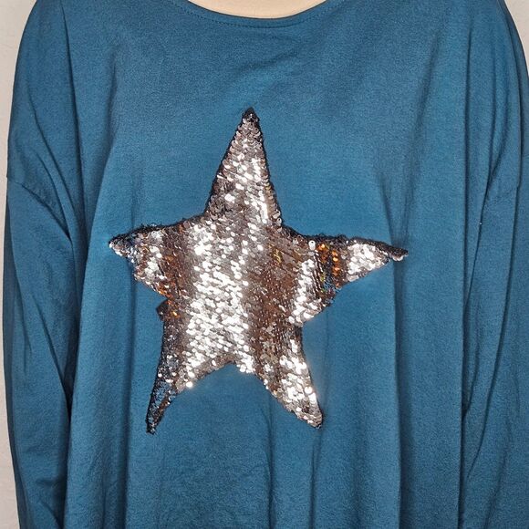 Made in Italy Cotton Star Tunic Top Blue Sequin Silk Hem Asymmetrical Hem XL NWT - Picture 2 of 7
